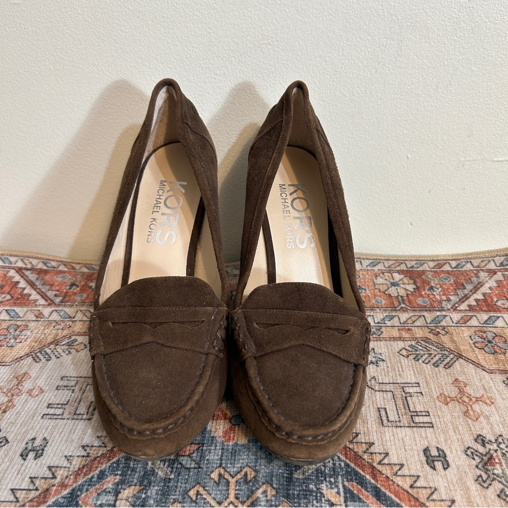 Michael Kors Brown Suede Leather Wedge Heel Loafers
